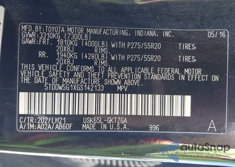 2016 Toyota Sequoia Platinum 5.7L V8 z USA, uszkodzony, nr VIN 5TDDW5G1XGS142133